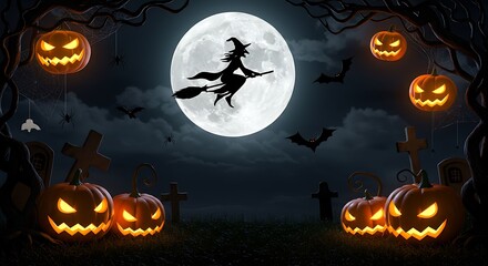 Fototapeta premium Halloween scene with witch flying on broomstick against full moon, jack-o'-lanterns, bats, and graveyard