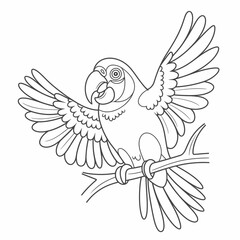 Scalable vector line drawing illustration of a talking parrot perched on a branch silhouette white background