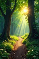 Sun-Dappled Path Winding Through Ancient Woodland A Serene and Tranquil Nature Scene Perfect for Relaxation and Escape