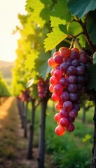 Sunlight streams through leaves onto ripe bunches of grapes hanging heavy on the vine, ready for harvest A picturesque autumn scene of a bountiful vineyard , winemaking, vineyard landscape, purple