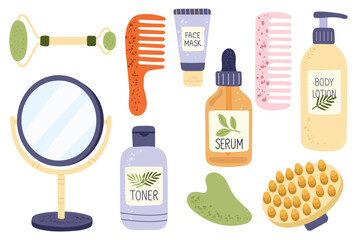 Self care and beauty routine items including mirror, comb, serum, face mask, toner, body lotion, jade roller, gua sha, and massage brush. Perfect for skincare concepts, wellness graphics, spa designs
