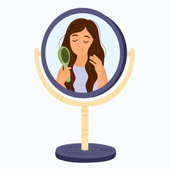 Woman brushing hair in mirror illustration — of  young woman combing long hair while looking at her reflection. Perfect for beauty care, haircare routine, self care themes, wellness design, feminine 