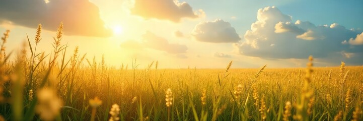 Fototapeta premium Sunlight streams through tall grasses in a wide open field, creating a dreamy, ethereal atmosphere Perfect for illustrating concepts of freedom, serenity, and natural beauty , texture, dreamy