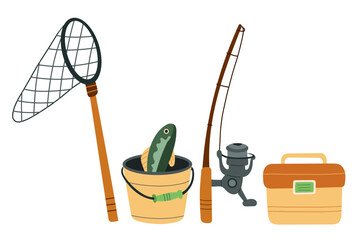 Fishing equipment with rod, net, bucket with fish and tackle box, flat style angling gear for outdoor activity, camping and sport recreation
