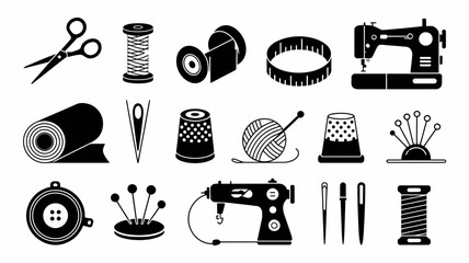 Black silhouette vector set of sewing tools and supplies scalable illustration for crafts silhouette white background
