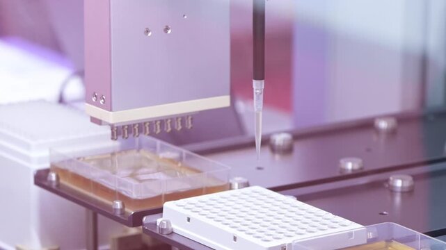 Robotic arm pipetting samples into microplate for analysis