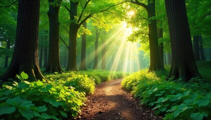 Sun-dappled forest path winds through lush greenery, sunlight filtering through leaves, creating a magical atmosphere Tranquil scene perfect for relaxation and escape , discovery, fauna
