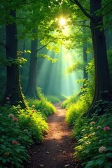 Sun-dappled forest path winds through lush greenery, sunlight filtering through leaves, creating a magical, peaceful scene A hidden paradise awaits exploration , leaves, branches
