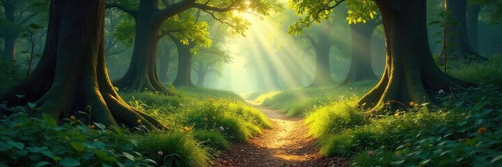 Sun-dappled path winding through a lush, ancient forest, sunlight filtering through the canopy, creating a magical atmosphere Perfect for nature, travel, and fantasy themes , ecology, shadows
