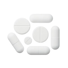 Assortment of white pills and capsules