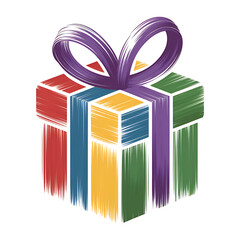 A vibrantly painted gift box tied with a purple ribbon symbolizing joy and celebration on a pure