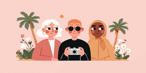 A group of friends, embracing diversity and a shared passion for travel, capture memories against a tropical backdrop, embodying friendship and exploration.