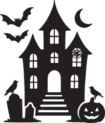 Haunted House Silhouette with Moon and Bats