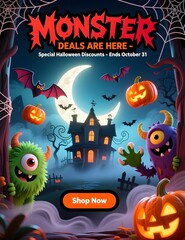 Halloween Monster Deals Flyer with Cartoon Monsters, Pumpkins, and Haunted Night Theme