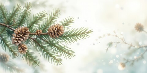 Delicate Watercolor Illustration of Evergreen Boughs and Cones, Soft Colors, Blurry Background