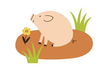 Cute funny pig sitting in country nature. Happy adorable farm domestic piggy with flower. Baby piglet, swine smiling in countryside. Childish flat vector illustration isolated on white background.