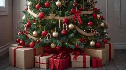 Classic Christmas tree decorated with baubles, ribbons, candy canes, and glowing lights, surrounded by gift boxes in a cozy festive holiday interior scene.