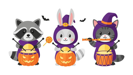 Halloween's Musical Trio: Adorable illustrated Halloween scene features a raccoon, rabbit and cat, each in festive costumes, playing instruments against a spooky backdrop.