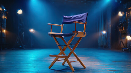Cinematic dramatic studio with black director chair, illuminated by soft blue lights, creating captivating atmosphere for film production