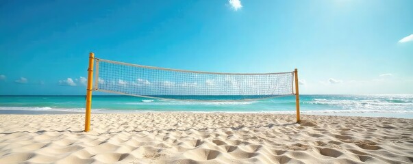 Sun-drenched beach volleyball court, smooth sand, clear blue sky, waves gently lapping the shore Perfect for summer, recreation, and active lifestyles Ready for a game!, playful, beach
