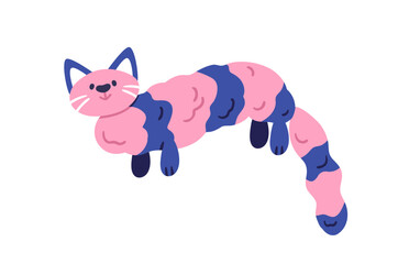 Cute funny cat toy. Whimsical long striped tabby feline animal, stuffed plush soft plaything, quirky kitty for children play. Kids fictional flat vector illustration isolated on white background.