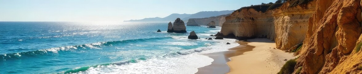 Sun-drenched California coastline, dramatic cliffs, and sparkling ocean waves crash against the rugged shore A picturesque view of Southern California's natural beauty , panoramic, coastal