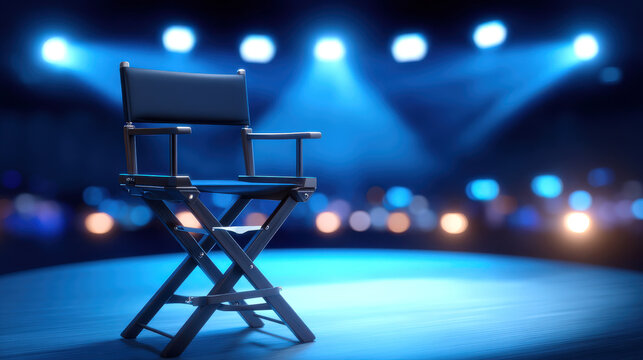Cinematic low angle hero shot of black director chair on stage with blue spotlight and bokeh background, evoking sense of creativity and inspiration