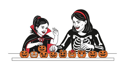 Halloween Pumpkin Carving: A mother and child dressed in festive costumes carve pumpkins, capturing the spirit of Halloween and the joy of a shared craft. 