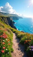 Sun-drenched coastal path winding along the Welsh coastline, vibrant wildflowers in bloom, clear blue skies reflecting in the ocean Perfect summer escape , colorful, coastal path