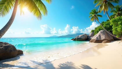 Sun-drenched coastal scene, turquoise water laps gently at the sandy shore Perfect summer vacation imagery Ideal for travel brochures and websites , sun, water