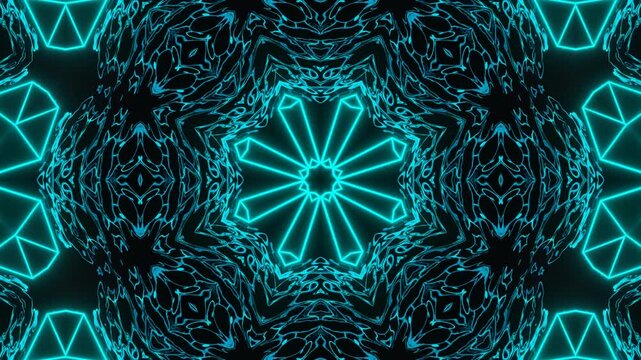 Neon kaleidoscope abstract mandala acid background with glowing octagonal fractals, luminous futuristic symmetry endlessly evolving radiant digital visual formations