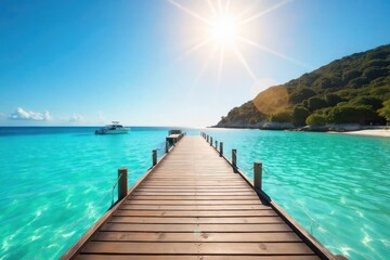 Sun-Drenched Dock Leads to Sandy Beach Getaway Tranquil Blue Waters, Gently Bobbing Boats, Perfect Summer Vacation Scene