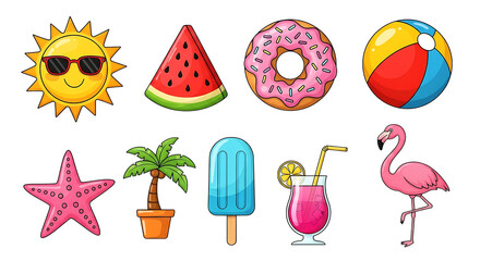 Collection of colorful summer icons including a sun watermelon donut beach ball starfish palm tree popsicle cocktail and flamingo isolated on white background
