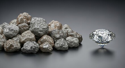 Naklejka premium Raw ore contrasts with a polished diamond on a gray surface