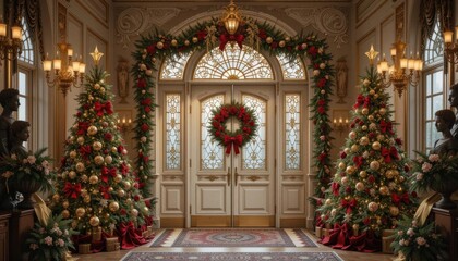 Ornate Victorian Doorway  Christmas Decorations in Gold   Crimson