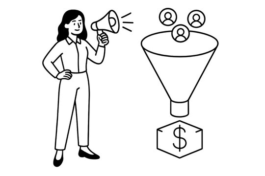 Marketing sales funnel, lead generation concept. Businesswoman with megaphone attracts customers. Customer acquisition, conversion rate optimization for profit, sales process vector.