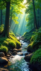 Sun-drenched forest clearing, vibrant green foliage, crystal-clear stream meandering through lush undergrowth A hidden paradise awaits discovery amidst nature's beauty , pristine, secluded
