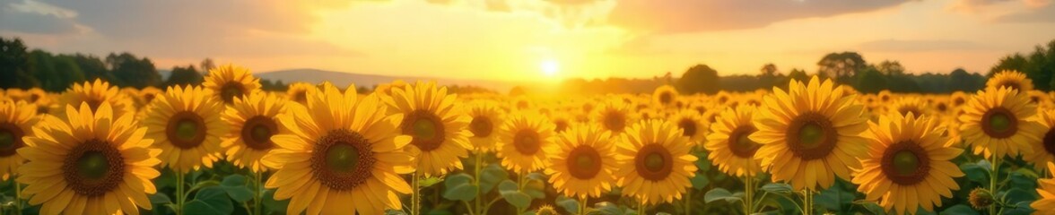 Obraz premium Vibrant sunflowers bask in the golden sunlight, their faces turned towards the sun A field of happy yellow blooms stretching to the horizon on a perfect summer's day , cheerful, vibrant