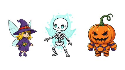 Halloween Characters's trio: The Halloween's mystical allure, a cute witch with a witch hat and wings, a skeleton fairy, and a carved pumpkin.