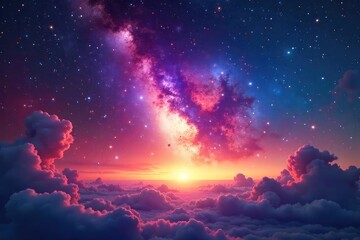 Fototapeta premium Vast, star-strewn sky ablaze with the vibrant hues of a cosmic sunrise; ethereal nebulae paint the dawn of a new universe A breathtaking celestial panorama , galactic, vibrant, light years