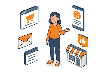 Omnichannel customer experience and personalization. Woman interacting with multiple retail channels. E-commerce website, mobile app, email marketing, social media, and physical store.