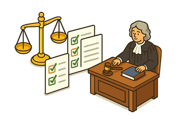 Concept of law, justice and compliance. Cartoon judge with gavel and scales of justice. Legal regulations, policy check and audit. Court verdict and governance evaluation vector.