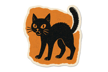 Vintage black cat Halloween illustration. Retro paper cutout collage with halftone texture. Spooky, scared feline character for 90s zine style art, sticker design, witchcraft.