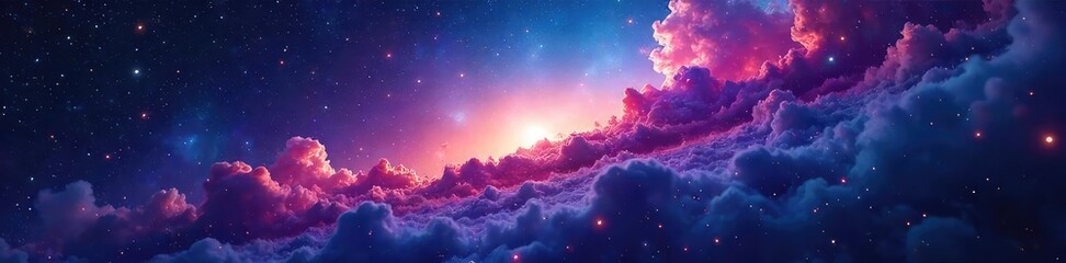 Naklejka premium Vast, swirling nebulae painted across a deep azure sky, cosmic dust and gas illuminated by distant stars A celestial masterpiece of vibrant color and ethereal beauty , radiation, formation