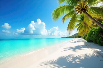 Sun-drenched Maldivian beach scene in summer, turquoise water laps gently against white sand, lush palm trees sway in the warm breeze, offering a tranquil paradise escape , tranquil, sand, summer