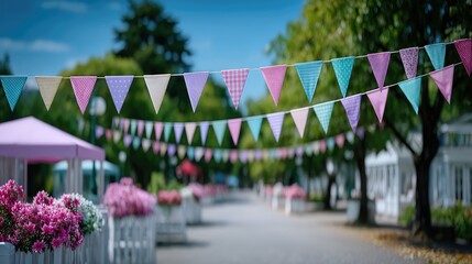 Colorful Triangle Bunting Decorations Hanging on Tree Lined Street with Blurred Background on Sunny Day with Green Foliage and White Structures