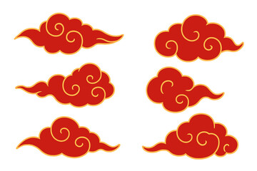 Set of traditional Japanese red clouds with golden contour. Asian, Chinese style ornament decoration element. Oriental wavy, curly sky illustration for pattern and design.