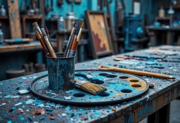 Industrial Aesthetic  Paintbrushes on Metal Palette, Workbench Background, Cool Colors, Gritty Texture