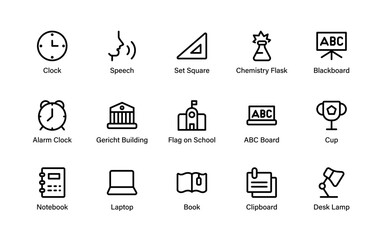 Academic Essentials Icon Set featuring school, learning, and education symbols like books, blackboard, laptop, flask, and teaching tools for versatile design use.