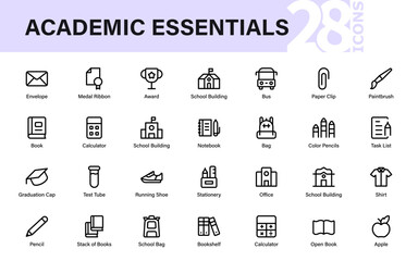 Academic essentials line icon set featuring education, school, stationery, graduation, books, and learning symbols for university and classroom design projects